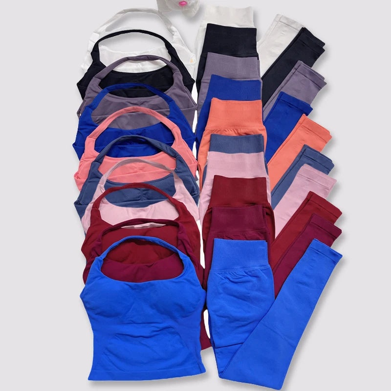 2026 Yoga outfit DFNNYE two Pieces Gym Set seamless Women DF impact backless Halter Top Leggings Fitness Clothes Workout sets