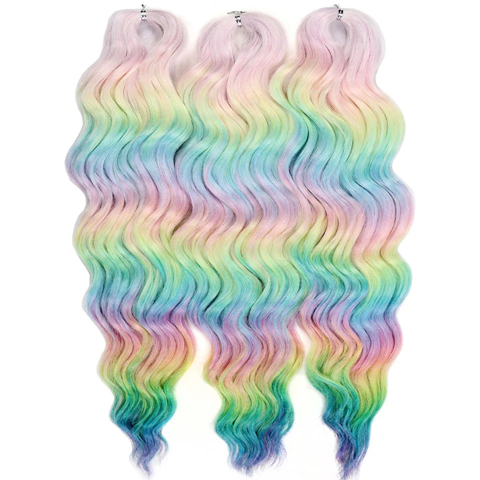 FASHION IDOL 24" 3pcs Deep Wave Curl Hair Synthetic Water Wave Braiding Hair Extensions Ombre Rainbow color Twist Crochet Hair