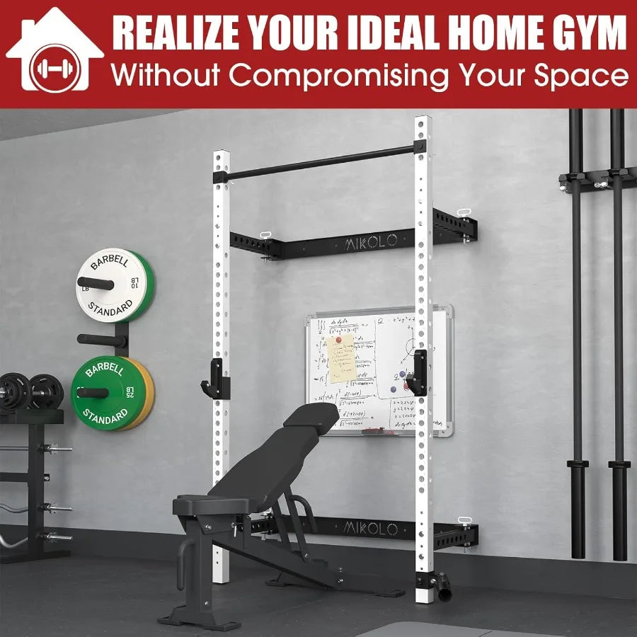 Wall Mounted Squat Rack with Folding Design and Integrated Lat Pulldown Cable Crossover System for Home Gym Compact Power Cage