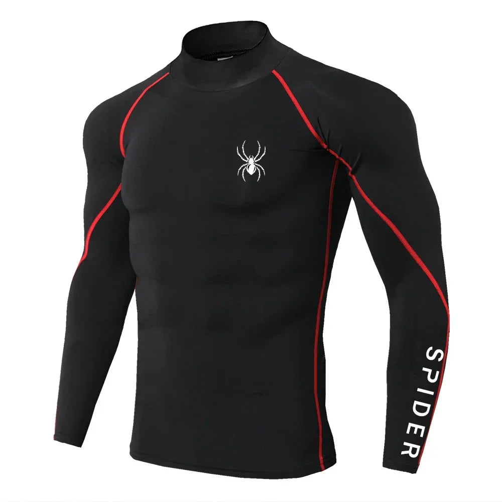 Mens Running T-shirts Compression Long Sleeve Sport Shirts Spider Printing Fitness Training Jogging Gym Quick Dry Tee