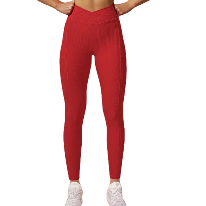 Women's Cross Waist Seam Leggings Gym Workout Yoga Pants High Waisted Butt Lift with Pocket Tights Fashion Slim Elastic Leggings