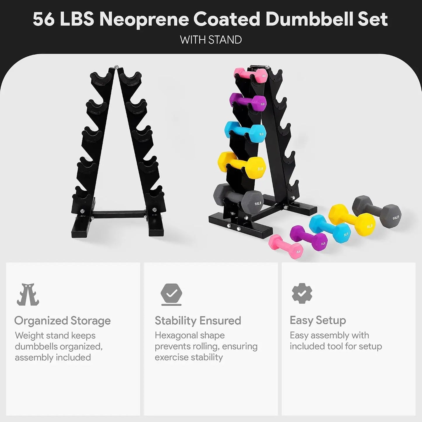 Neoprene Coated Iron Dumbbell Hex Weights Set With Heavy Duty A Frame Storage Stand, Hexagonal Hand Weights Set Non Slip Grip Anti Roll Floor Safe Dumbbells Pair For Home Gym Strength Training, Black