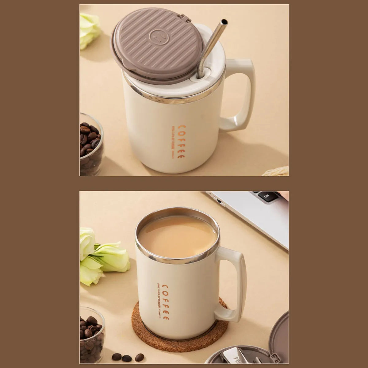 480ML Double-Wall Insulated Mug With Spoon&Straw 304 Stainless Steel Coffee Cup Sealed Water Cup Reusable Drinkware For Student