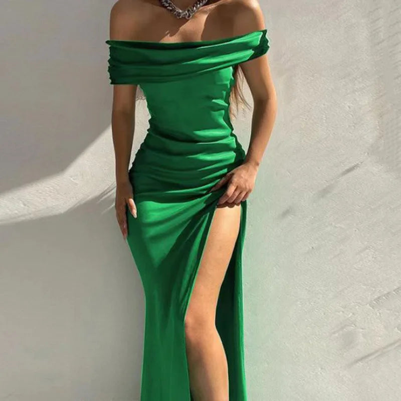 Women's clothing  dresses multiple solid color short sleeves medium length one cut collar slit long dresses sexy dinner dresses