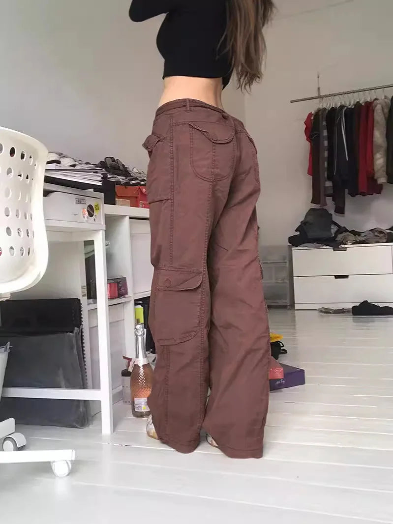 European and American trend: women's clothing, casual street style, loose waistband, high waist, multiple pockets, gray wide leg