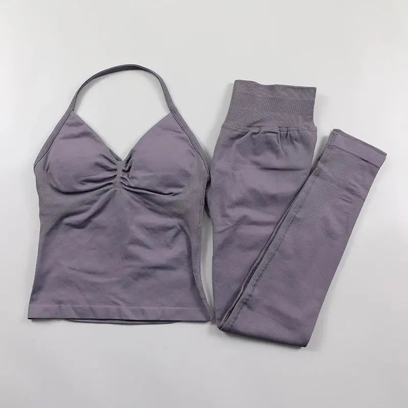Omen's Lace-up Top and Leggings Set with Padded High Waist Folding and Seamless Design for Yoga Fitness and Gym Workouts