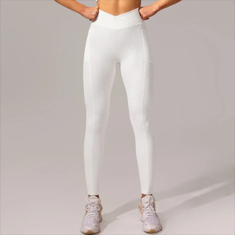Women's Cross Waist Seam Leggings Gym Workout Yoga Pants High Waisted Butt Lift with Pocket Tights Fashion Slim Elastic Leggings
