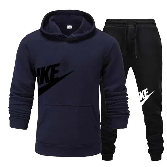 New men's casual fitness and running sportswear for autumn and winter, fashionable printed loose hooded pullover + long pants se