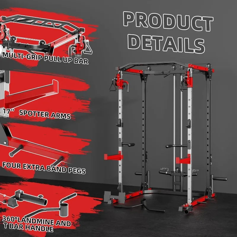 Smith Machine, Power Rack with LAT Pulldown System, Power Cage with Cable System, Squat Rack with Chest Press Machine
