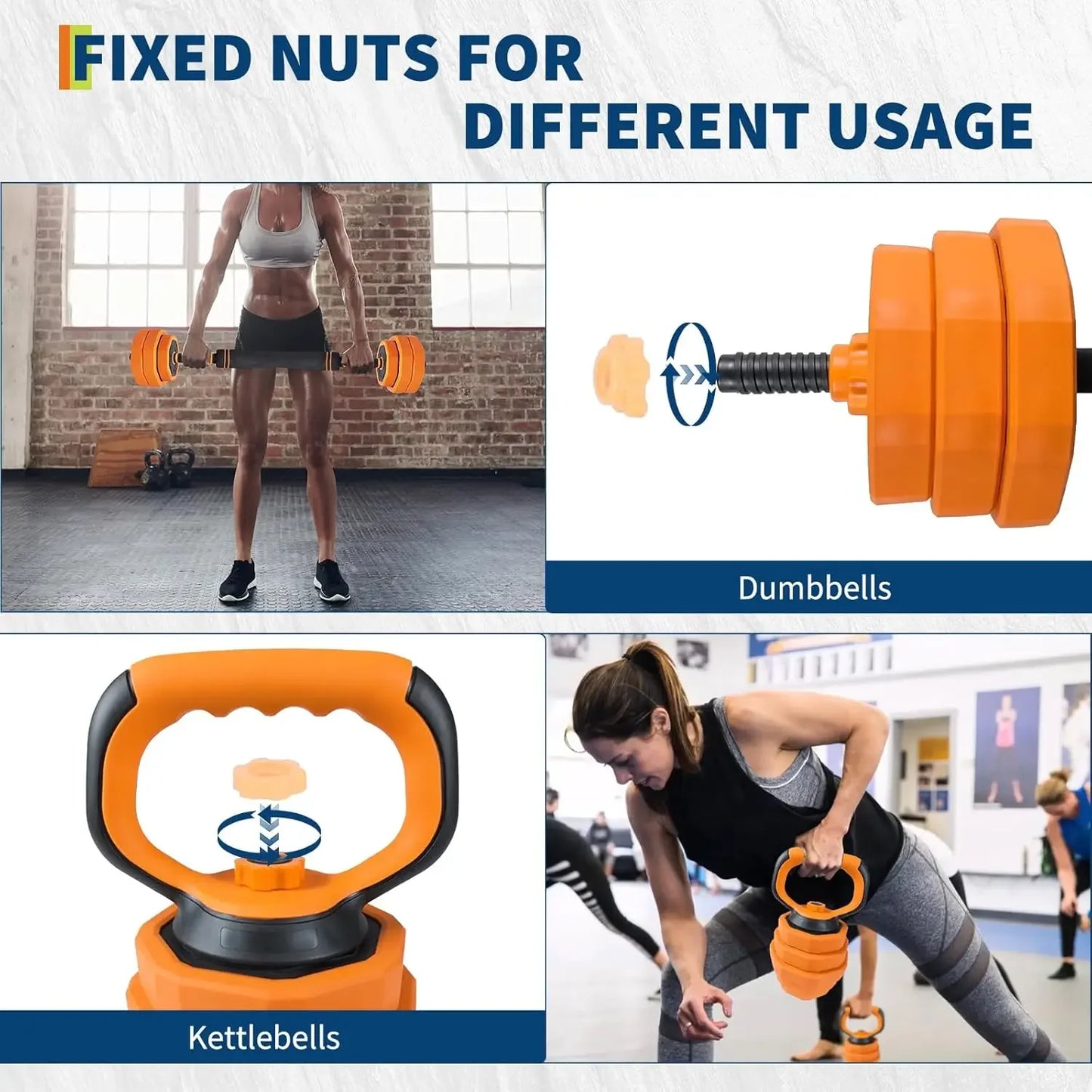 Garvee Combines Dumbbells Kettlebell Barbell Push-Up Stands, 4-in-1 Adjustable Dumbbell Set, 44 LBS Multifunctional Home Gym Weights Full Body Strength Training Equipment Orange