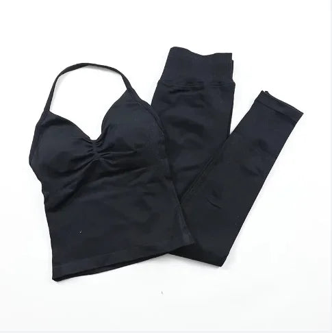 Omen's Lace-up Top and Leggings Set with Padded High Waist Folding and Seamless Design for Yoga Fitness and Gym Workouts