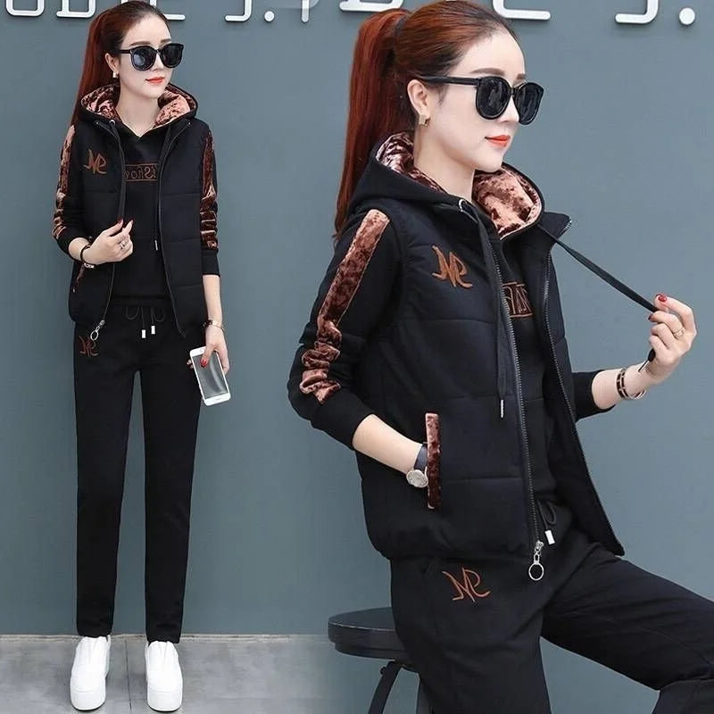 Women's Casual Fashion Autumn Winter New Sweat Suit Plush Thickened Hooded Tops and Waistcoat Pants 3 Three Piece Sets For Women