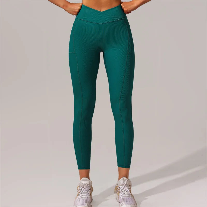 Women's Cross Waist Seam Leggings Gym Workout Yoga Pants High Waisted Butt Lift with Pocket Tights Fashion Slim Elastic Leggings