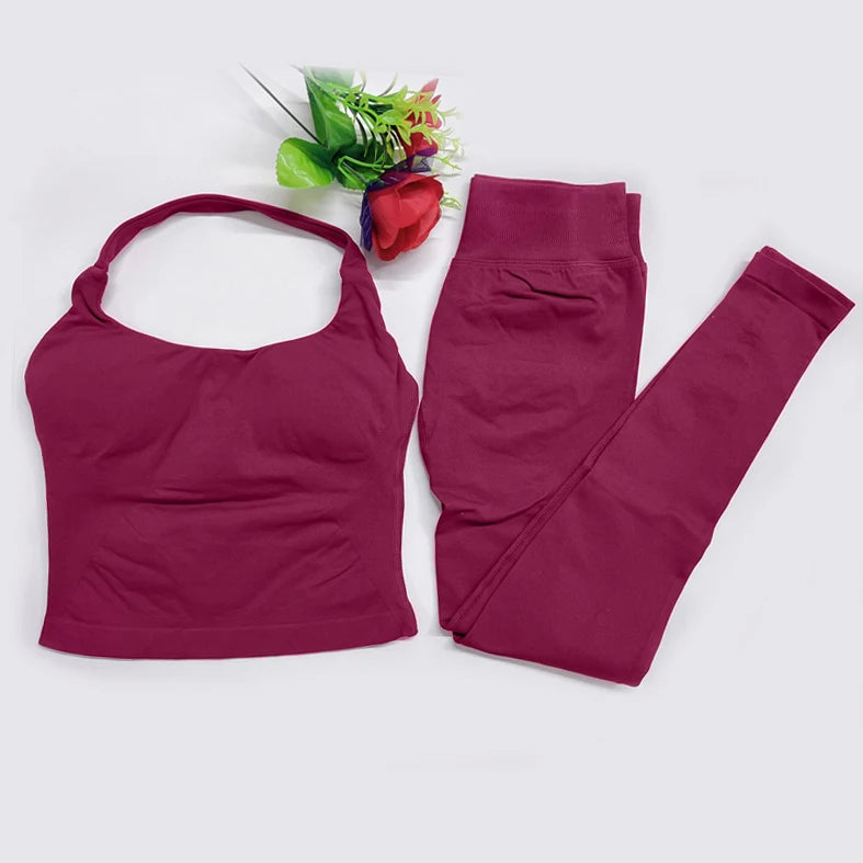 2026 Yoga outfit DFNNYE two Pieces Gym Set seamless Women DF impact backless Halter Top Leggings Fitness Clothes Workout sets
