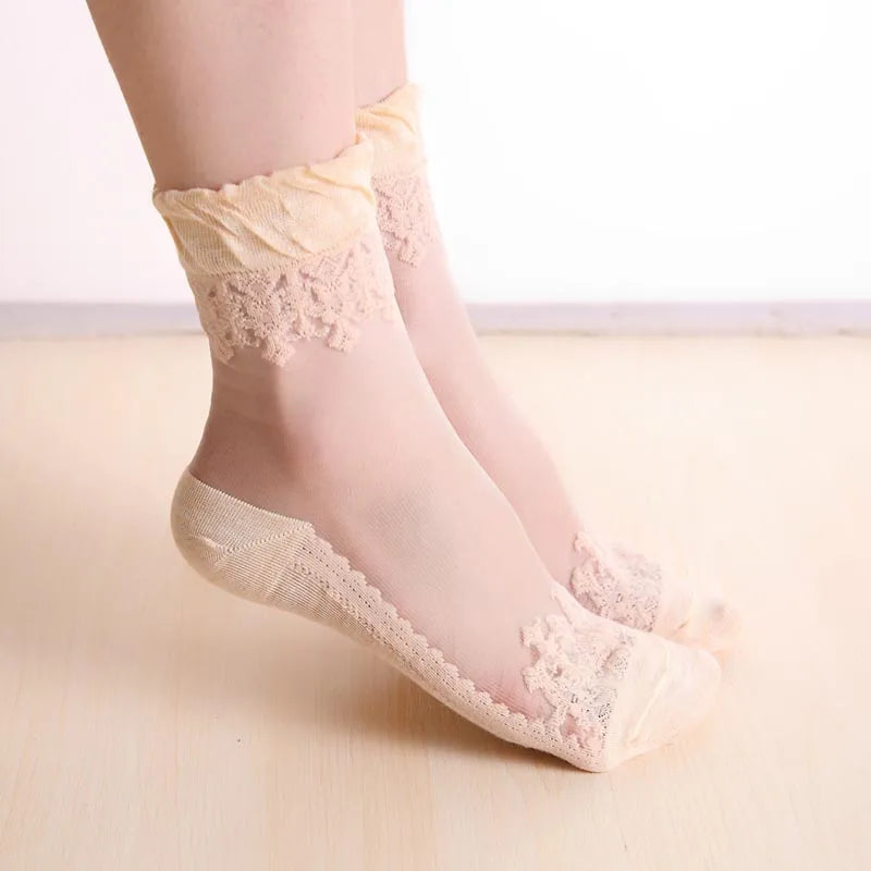 1 Pair Spring Summer Ladies Ultrathin Lace Embroidery Silk Transparent Glass Crytal Stretch Women Soft Elastic Breathable Socks