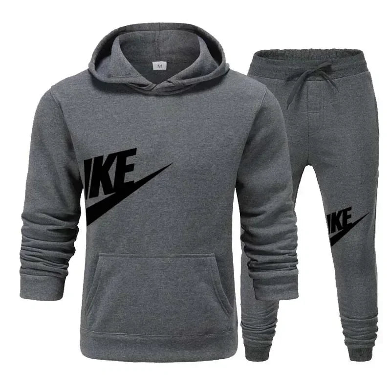 New men's casual fitness and running sportswear for autumn and winter, fashionable printed loose hooded pullover + long pants se