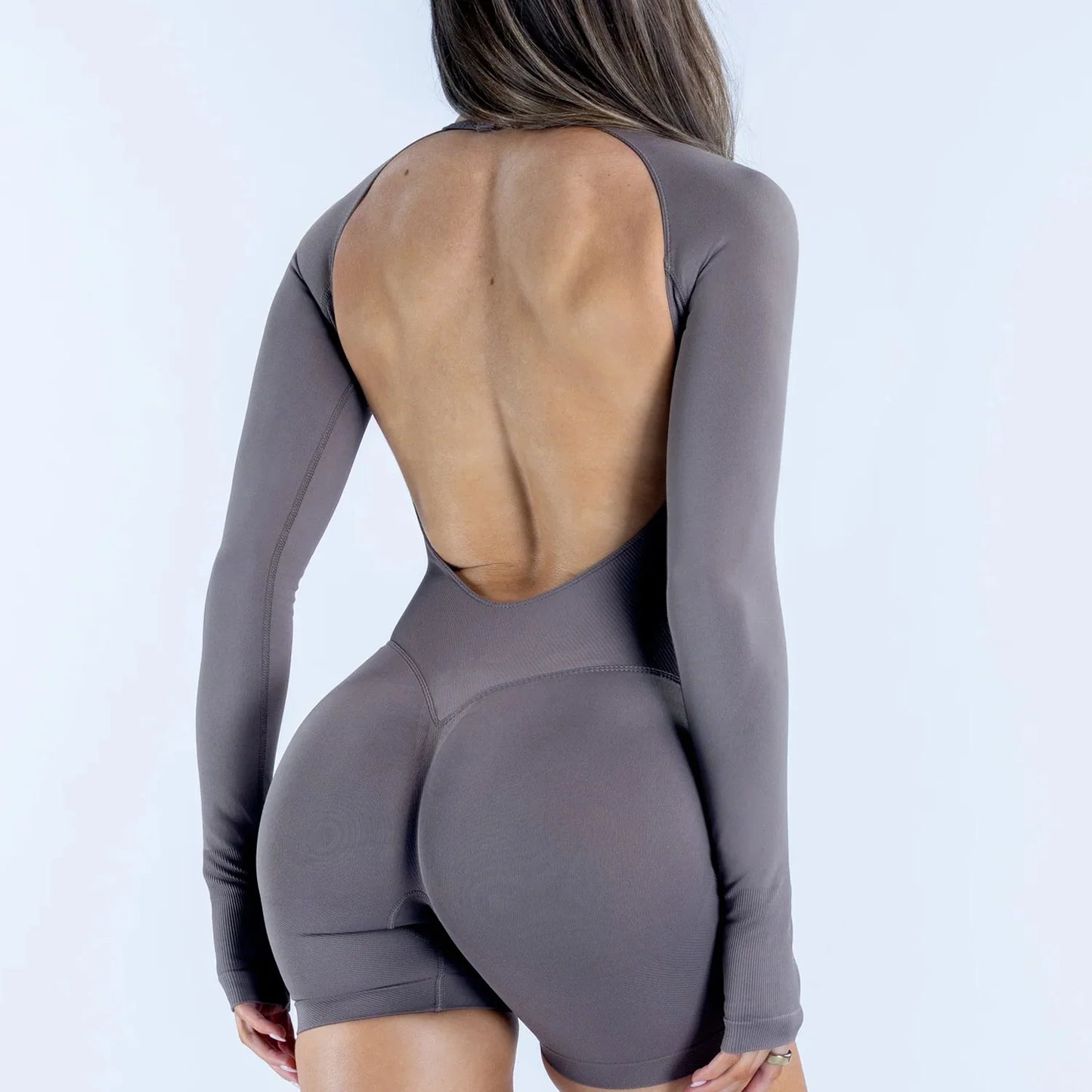 Seamless Long Sleeve One Piece Gym Clothes Women Padded Yoga Bodysuit Open Back Fitness Workout Jumpsuit Scrunch Butt Sportswear