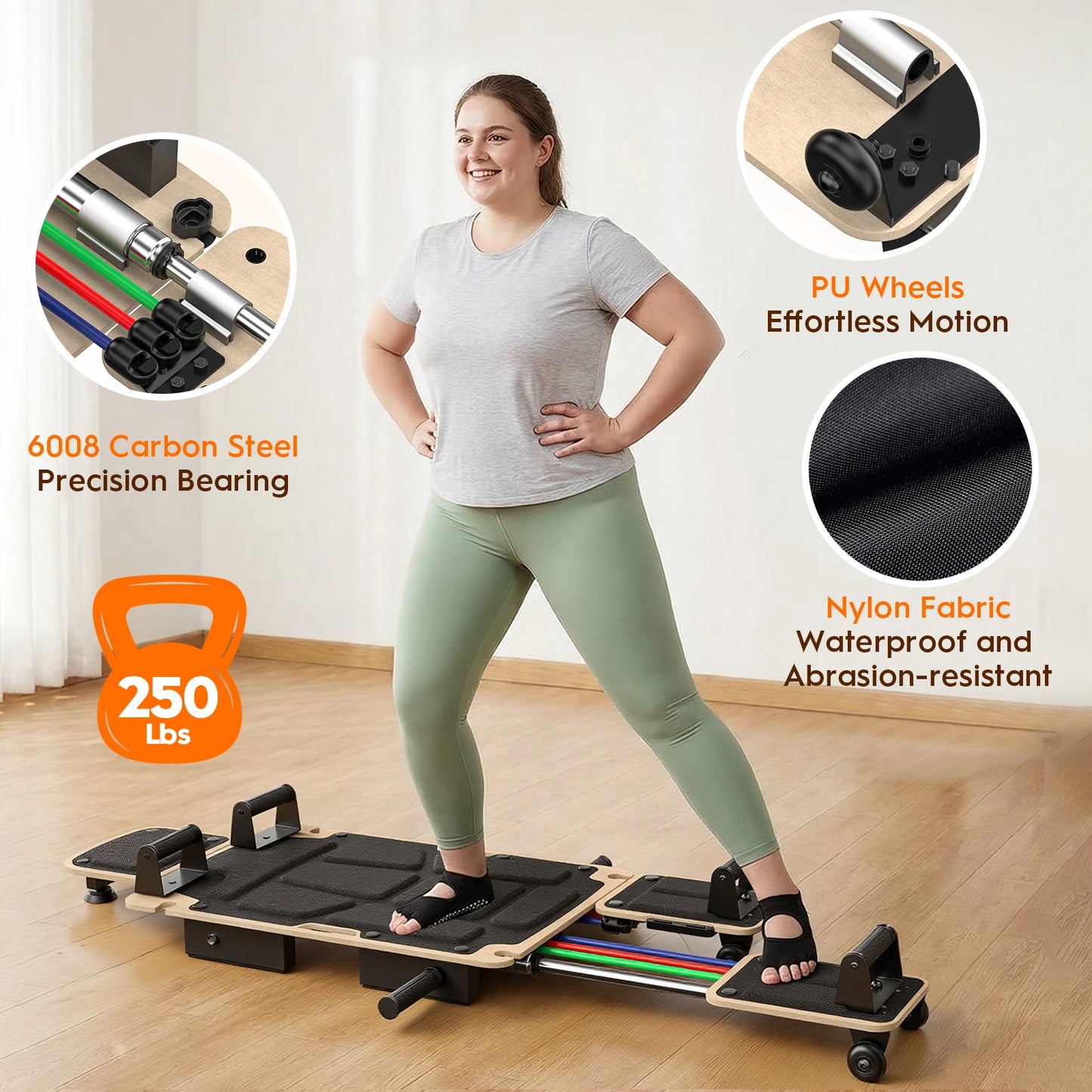 5-in-1 Pilates Reformer-Dual Foot Pads, Smooth Rail, Adjustable Headrest 110-190cm, Full-Body Home Gym