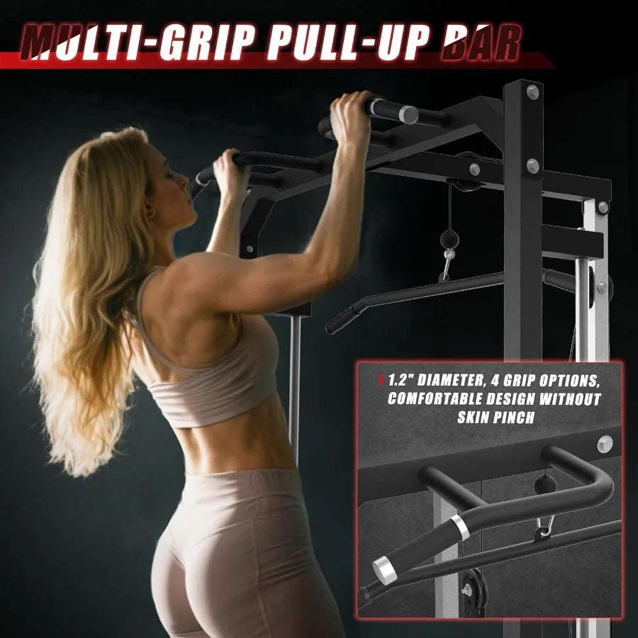 Compact Smith Machine Home Gym 800lb Barbell Sleeve SpaceSaving Power Cage with LAT Pulldown Power Rack 5in1 1500lb Capacity fo