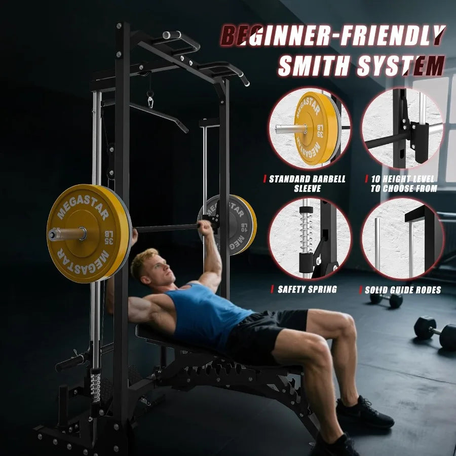 Compact Smith Machine Home Gym 800lb Barbell Sleeve SpaceSaving Power Cage with LAT Pulldown Power Rack 5in1 1500lb Capacity fo