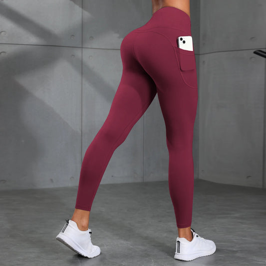 Women's High-Waisted Solid Color Yoga Pants With Pockets, Compression Leggings For Sports, Fitness, Running