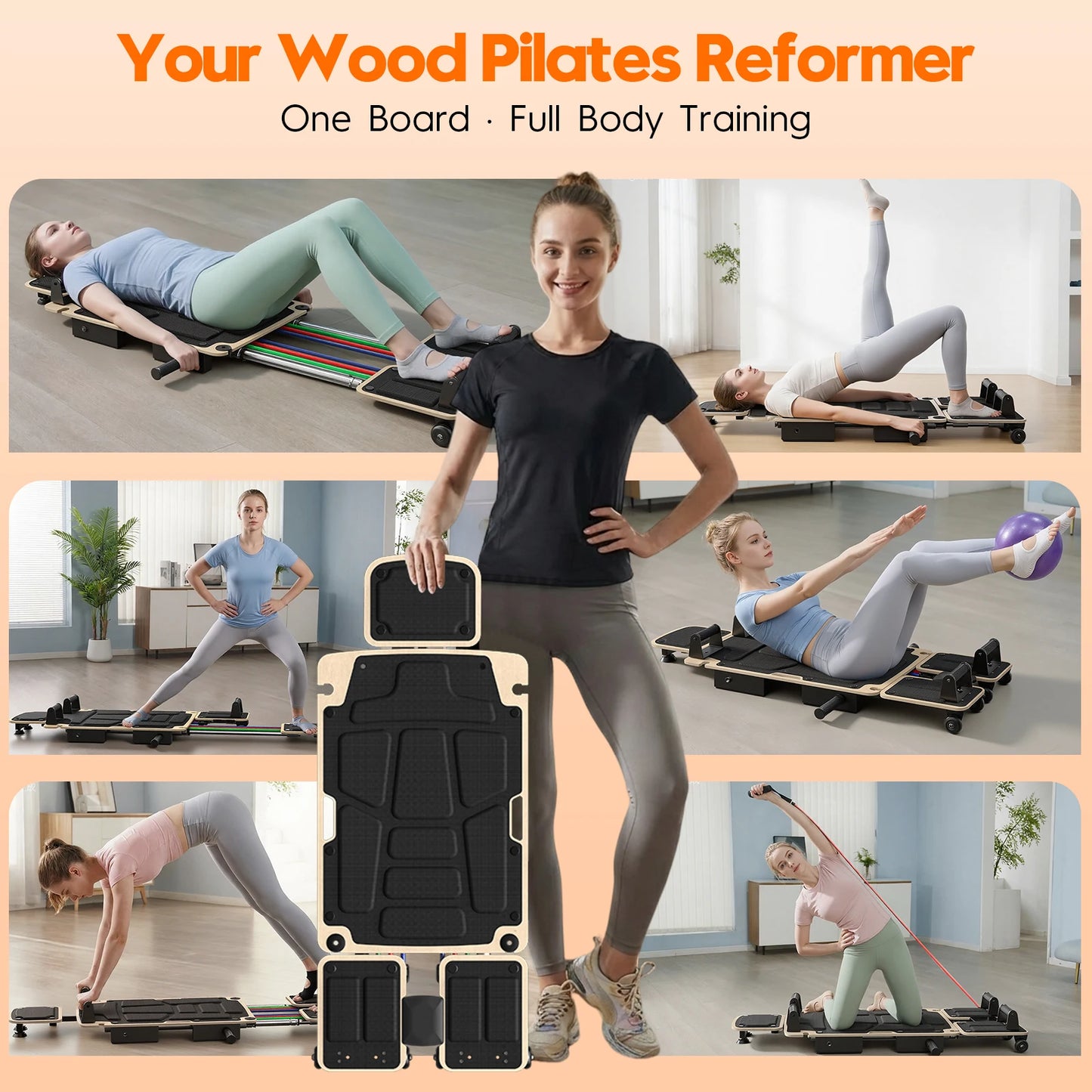 5-in-1 Pilates Reformer-Dual Foot Pads, Smooth Rail, Adjustable Headrest 110-190cm, Full-Body Home Gym