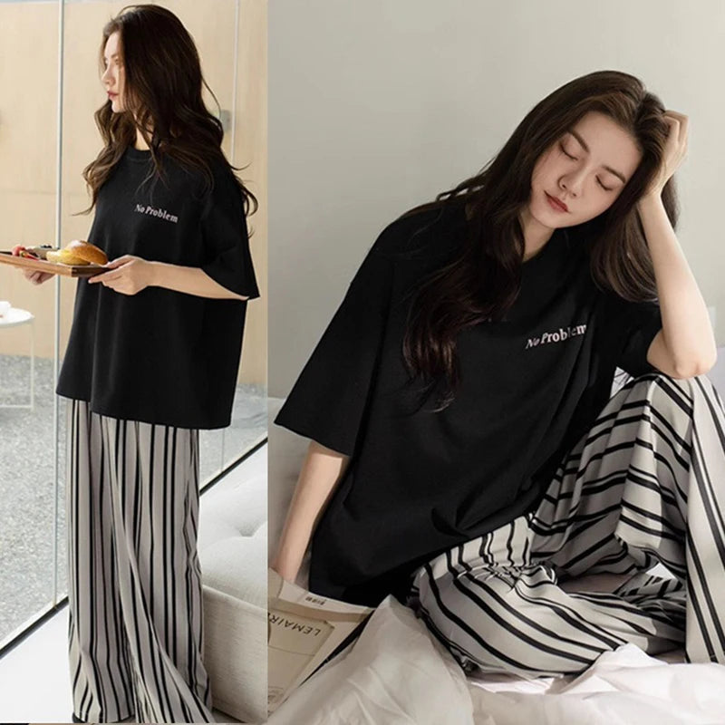 Women's Fall and Winter Pajamas Short-Sleeved Pants Suit Sleepwear Homewear Letters Strawberry Plaid Pants Nightwear Loungewear