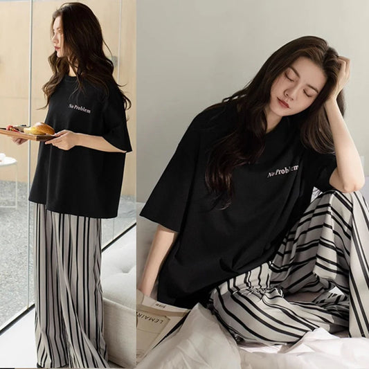 Women's Fall and Winter Pajamas Short-Sleeved Pants Suit Sleepwear Homewear Letters Strawberry Plaid Pants Nightwear Loungewear