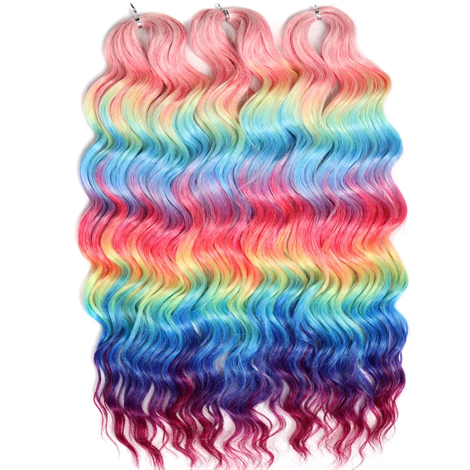FASHION IDOL 24" 3pcs Deep Wave Curl Hair Synthetic Water Wave Braiding Hair Extensions Ombre Rainbow color Twist Crochet Hair