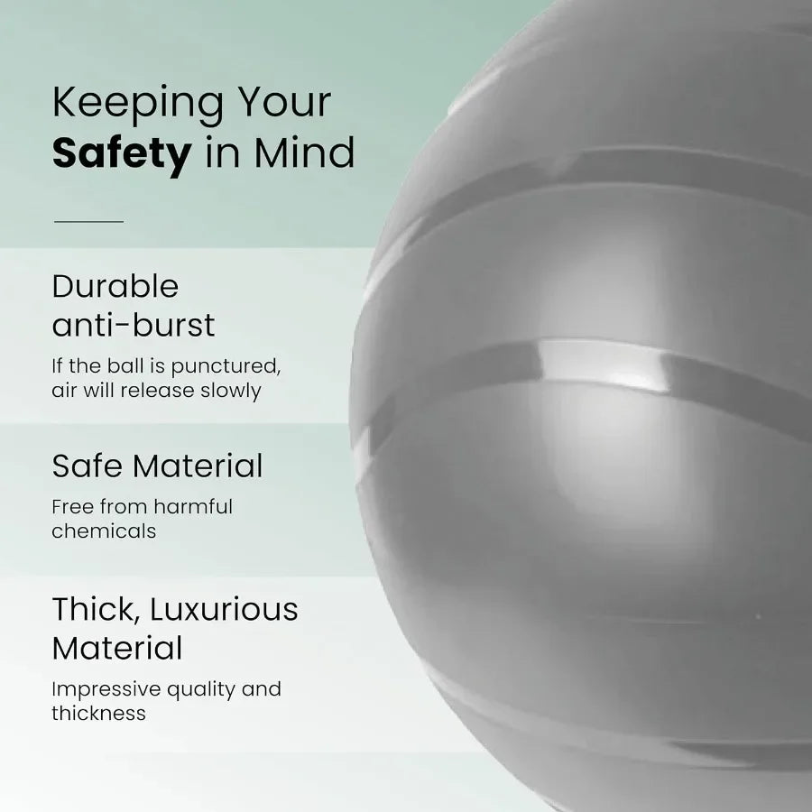 Extra thick and durable yoga ball with antislip matte texture designed for versatile fitness applications including yoga pilate