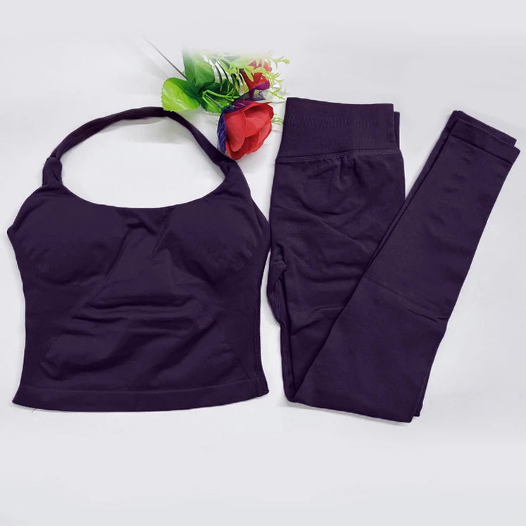 2026 Yoga outfit DFNNYE two Pieces Gym Set seamless Women DF impact backless Halter Top Leggings Fitness Clothes Workout sets