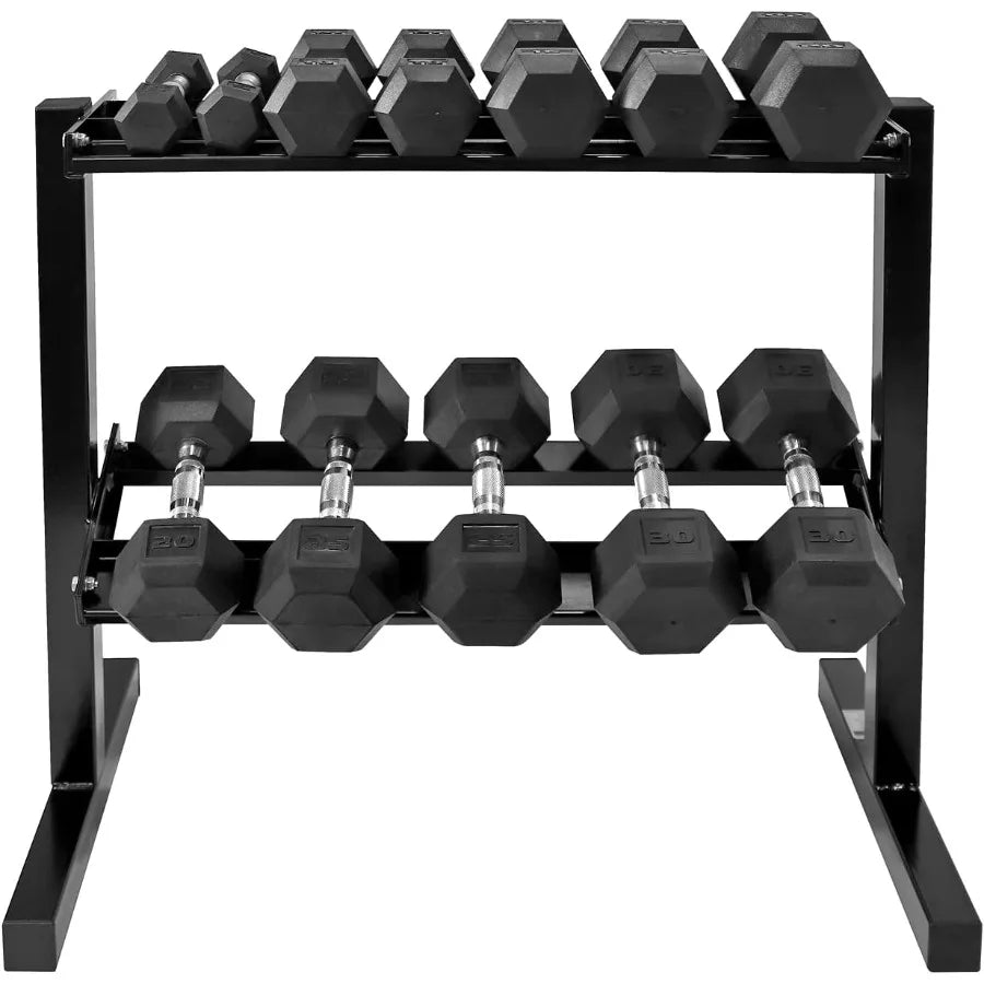 Rubber Coated Hex Dumbbell Set with Two Tier Premium Storage Rack Built for Strength Building, Weight Loss & Home Gym – 30LB Set