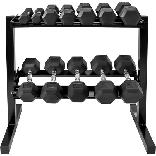 Rubber Coated Hex Dumbbell Set with Two Tier Premium Storage Rack Built for Strength Building, Weight Loss & Home Gym – 30LB Set