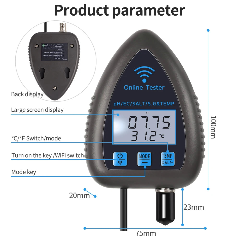 Tuya WiFi 5 in 1 Water Quality Meter Online Tester TDS/EC/SALT PH S.G.TEMP Detector Multifunction Water Analyzer for Aquariums