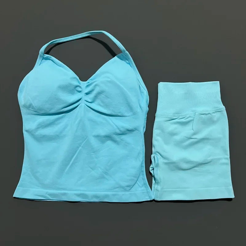 NoLogo Women 2 Piece Yoga Outfit Seamless Strappy Bra High Waist Butt Lifting Scrunch Shorts Gym Activewear