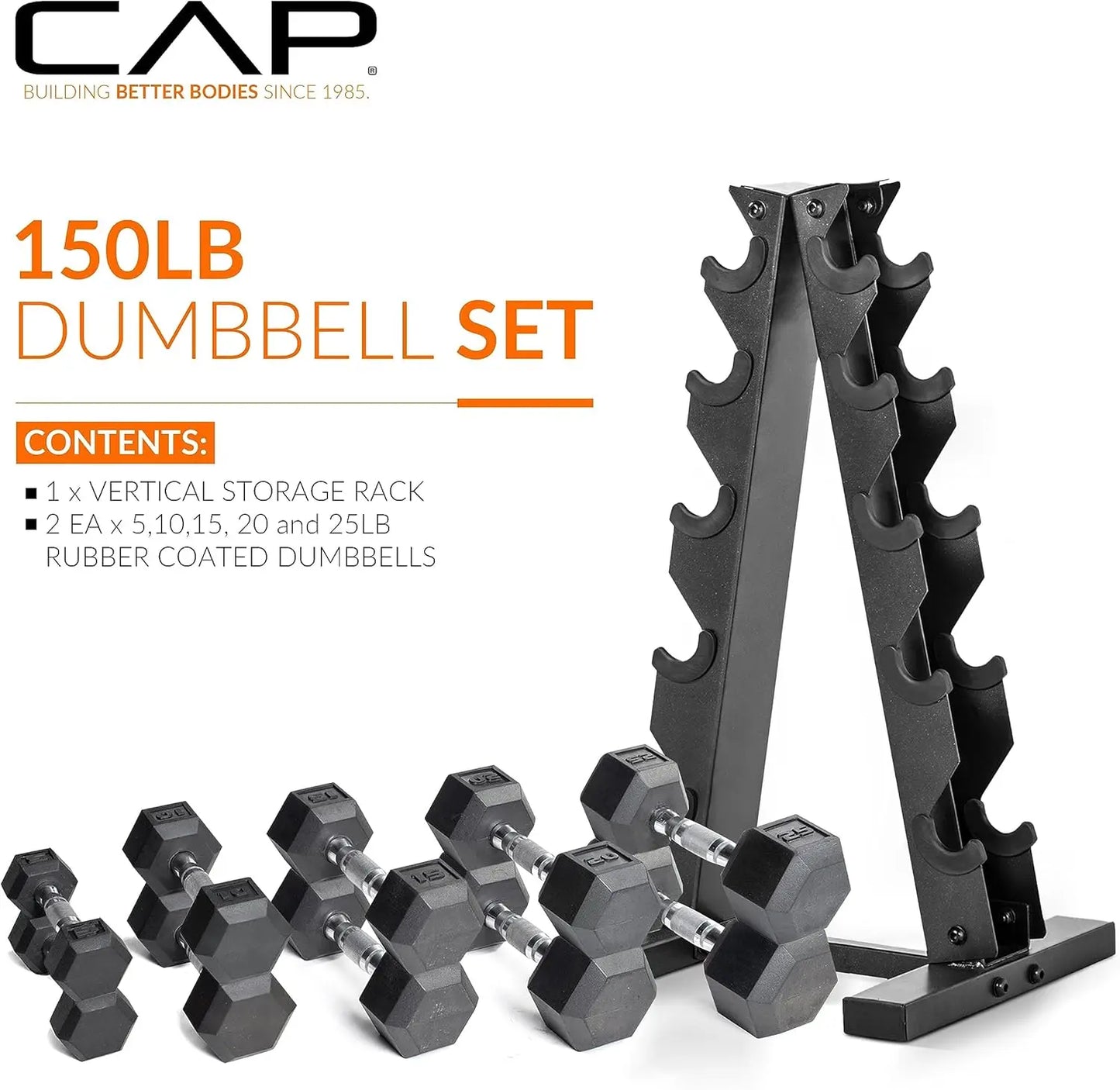 150 LB Coated Hex Dumbbell Weight Set with Vertical Rack | Chrome Handle Multiple Options