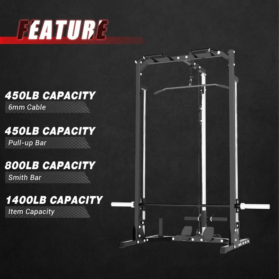 Compact Smith Machine Home Gym 800lb Barbell Sleeve SpaceSaving Power Cage with LAT Pulldown Power Rack 5in1 1500lb Capacity fo