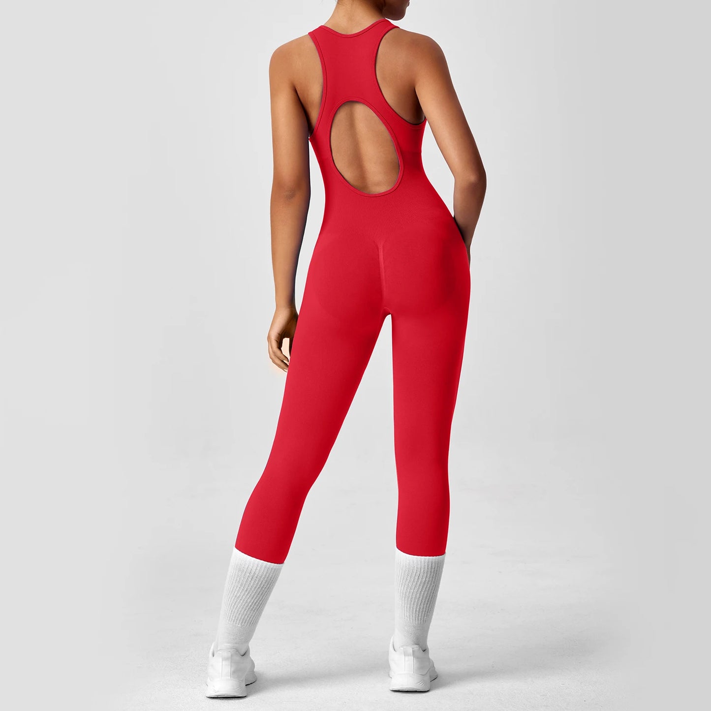 Seamless Peach Booty One-Piece Yoga Bodysuit - V-Back Tummy Control Gym Outfit for Women - Sexy Workout Jumpsuit Fitness Bodycon