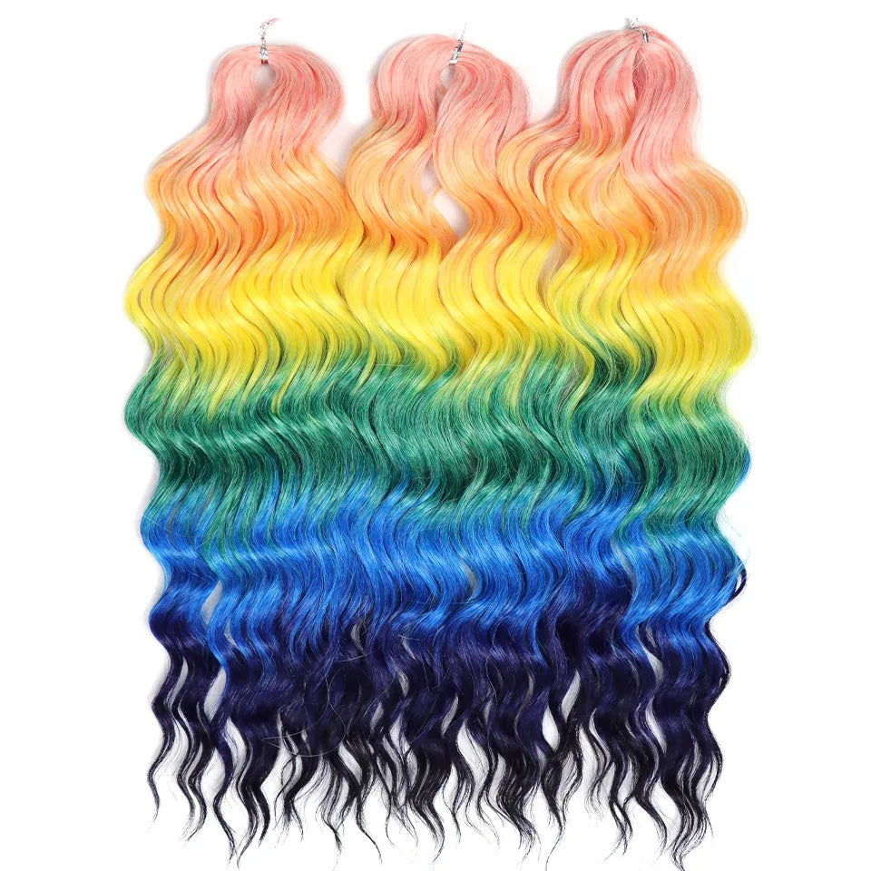 FASHION IDOL 24" 3pcs Deep Wave Curl Hair Synthetic Water Wave Braiding Hair Extensions Ombre Rainbow color Twist Crochet Hair