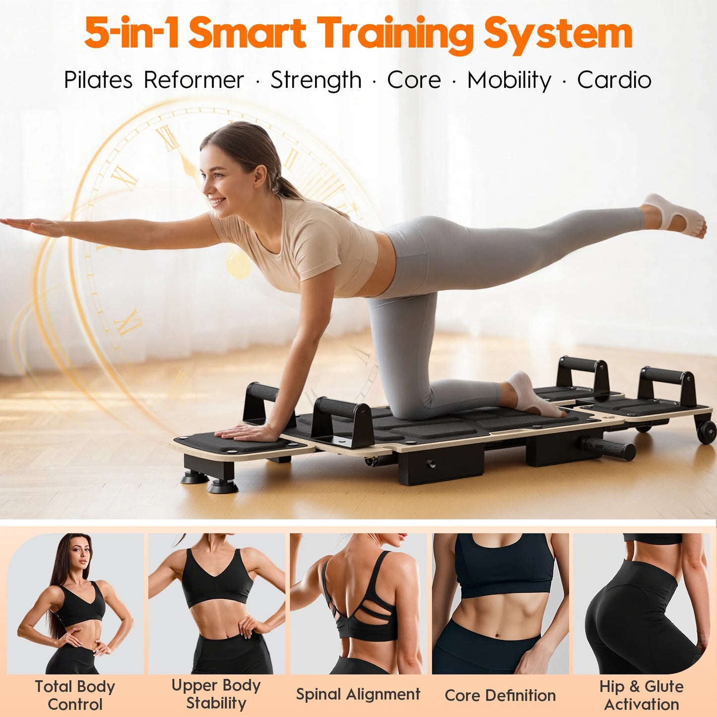 5-in-1 Pilates Reformer-Dual Foot Pads, Smooth Rail, Adjustable Headrest 110-190cm, Full-Body Home Gym