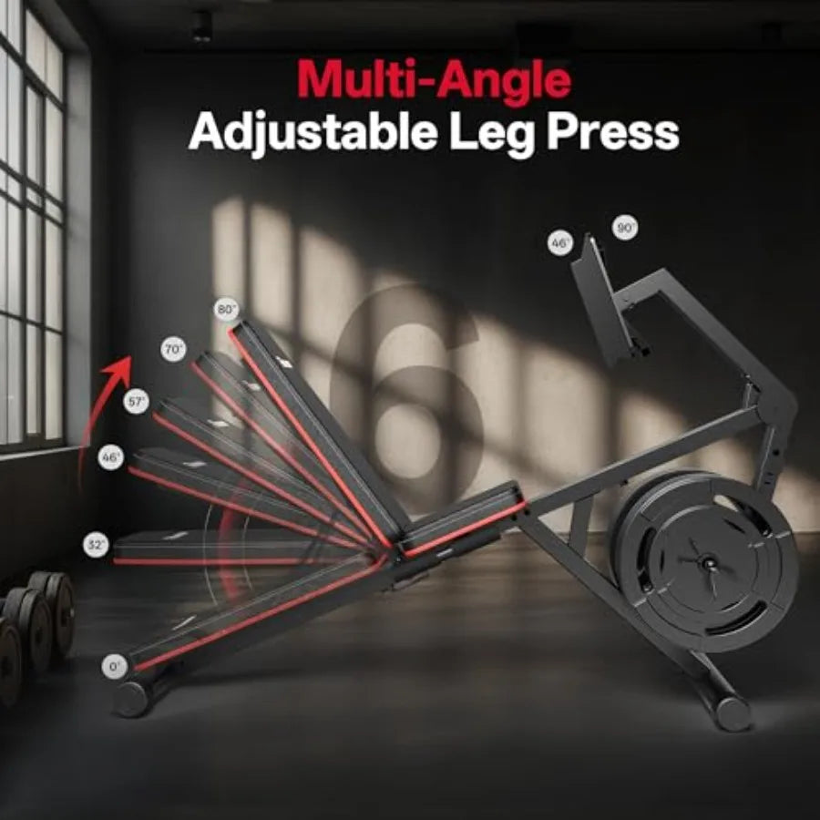 Home Gym Leg Press Machine with Adjustable Weight Bench and Leg Extension Steel Construction Black Supports 1'' 2'' Plates Spac