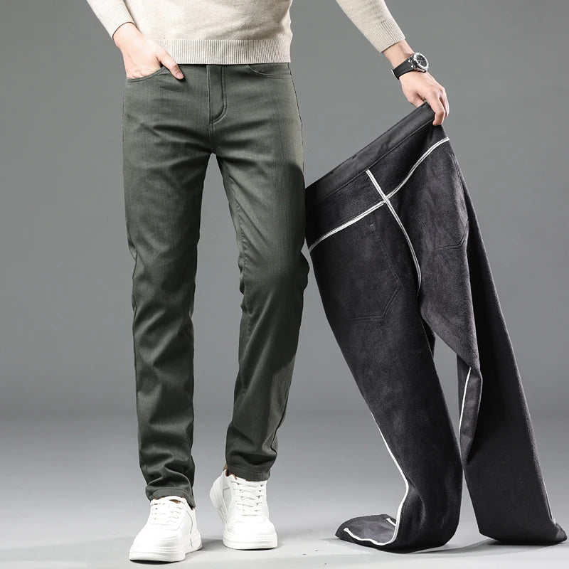 Winter New 2025 Fleece Pants Men's Thick Slim Elastic Business Casual Velvet Pants Warm Fashion Solid Color Plush Trousers Male