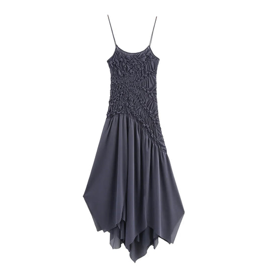 2025 new women's clothing casual elegant European and American style design sense simple pleated decoration asymmetric dress