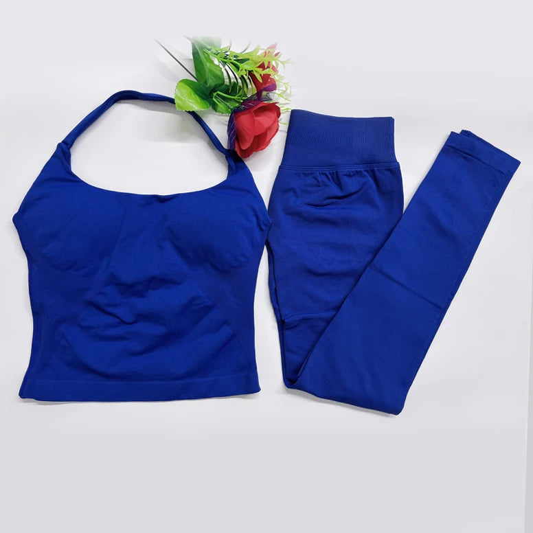 2026 Yoga outfit DFNNYE two Pieces Gym Set seamless Women DF impact backless Halter Top Leggings Fitness Clothes Workout sets