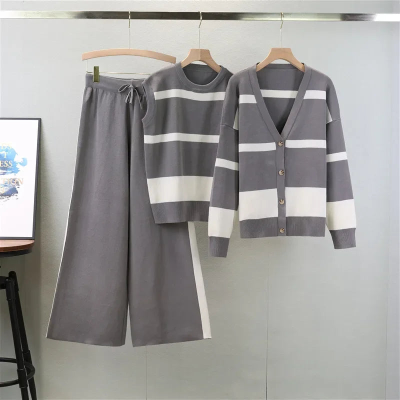 Women's Autumn Winter Fashion Loose Knitted Striped Suits Sleevesless Vest V Neck Cardigan Sweater Wide Leg Pants 3 Piece Set