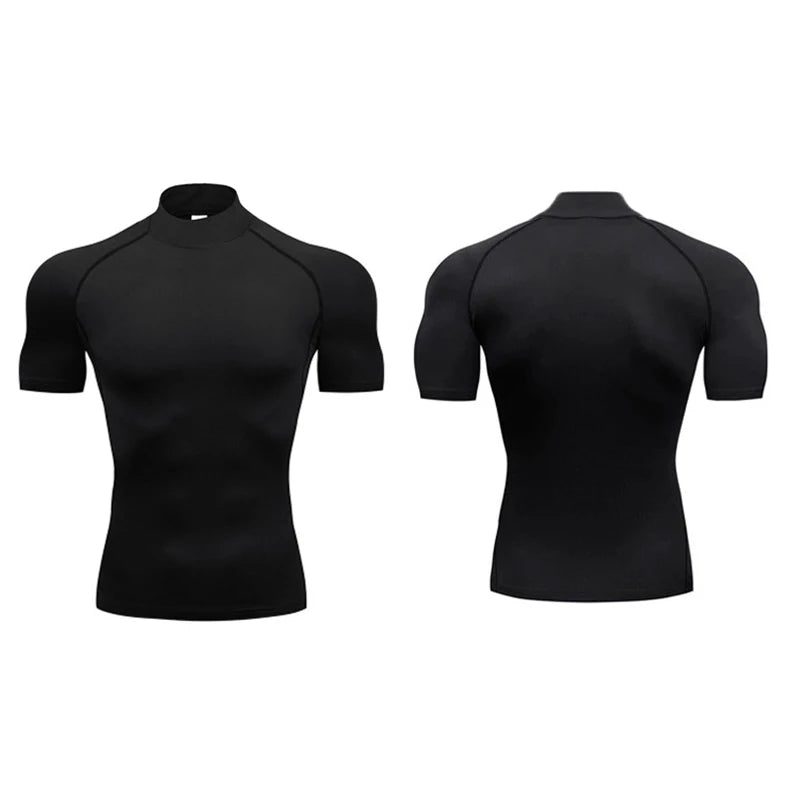Plain Compression T Shirts Mens Summer Running T-shirts Turtleneck Elastic Quick Dry Sport Tees Athletic Gym Short Sleeve Shirt