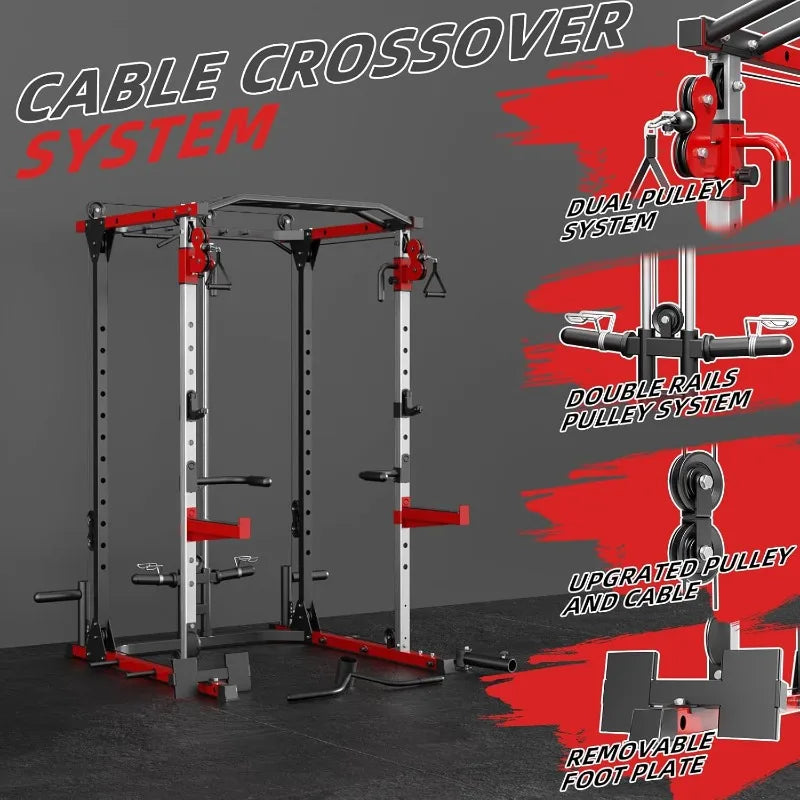 Smith Machine, Power Rack with LAT Pulldown System, Power Cage with Cable System, Squat Rack with Chest Press Machine