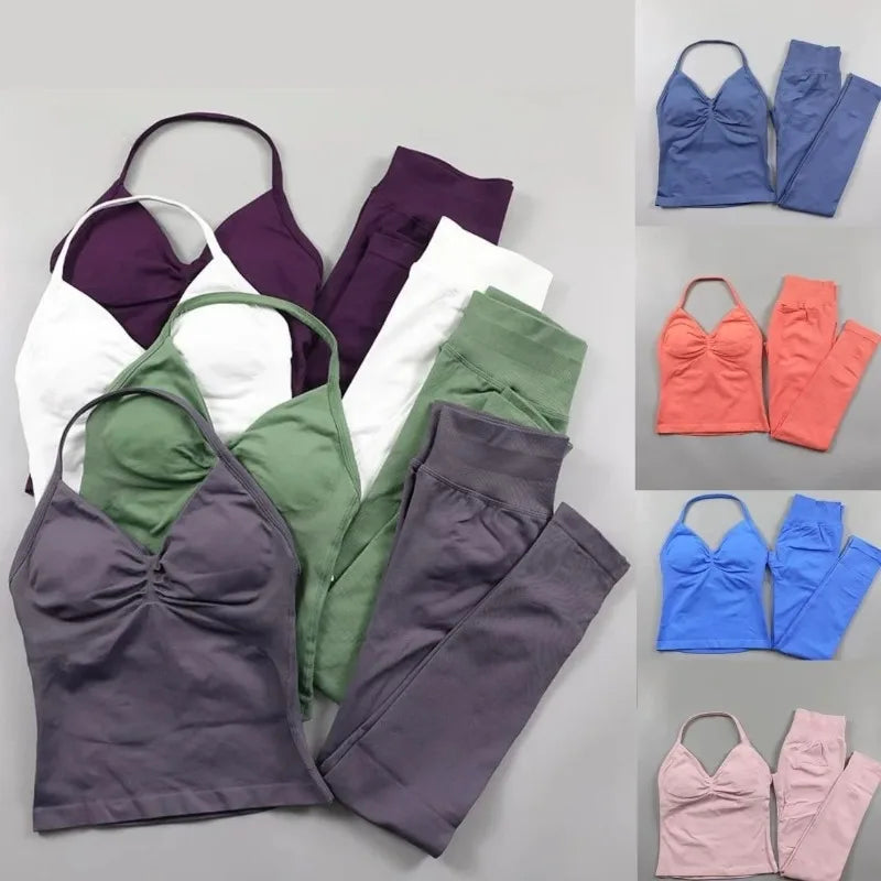 Omen's Lace-up Top and Leggings Set with Padded High Waist Folding and Seamless Design for Yoga Fitness and Gym Workouts
