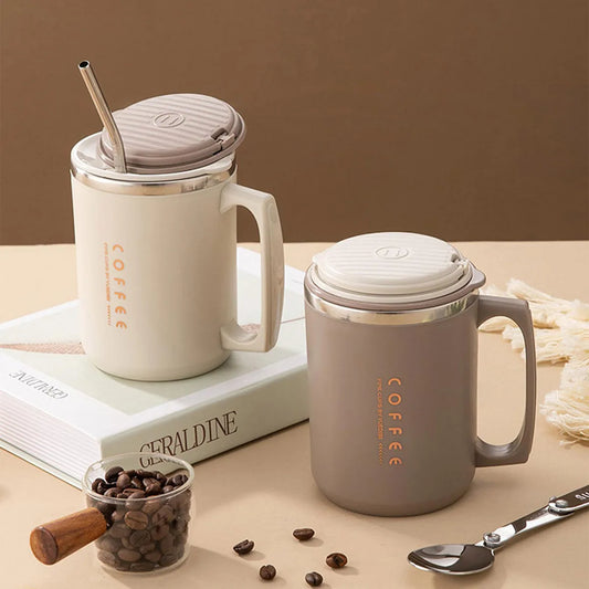 480ML Double-Wall Insulated Mug With Spoon&Straw 304 Stainless Steel Coffee Cup Sealed Water Cup Reusable Drinkware For Student