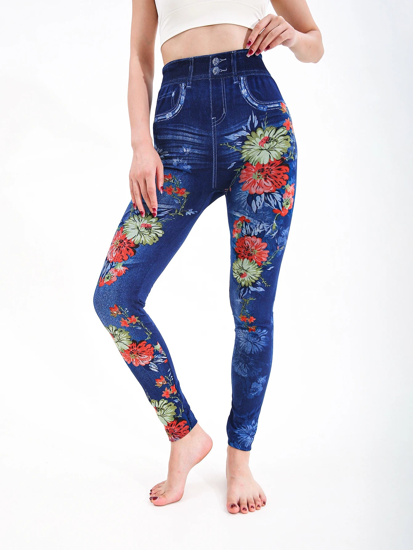 Autumn Winter 1PACK Women's Imitation Cowboy Chrysanthemum Pattern Sexy Tight Legging Casual Sports Elegant Fitness Yoga Pants